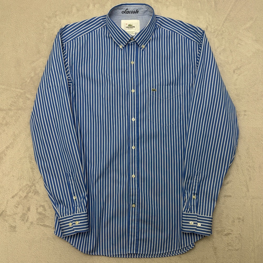 Lacoste Striped Blue Regular Fit Poplin Button Down Shirt FR42 croc logo